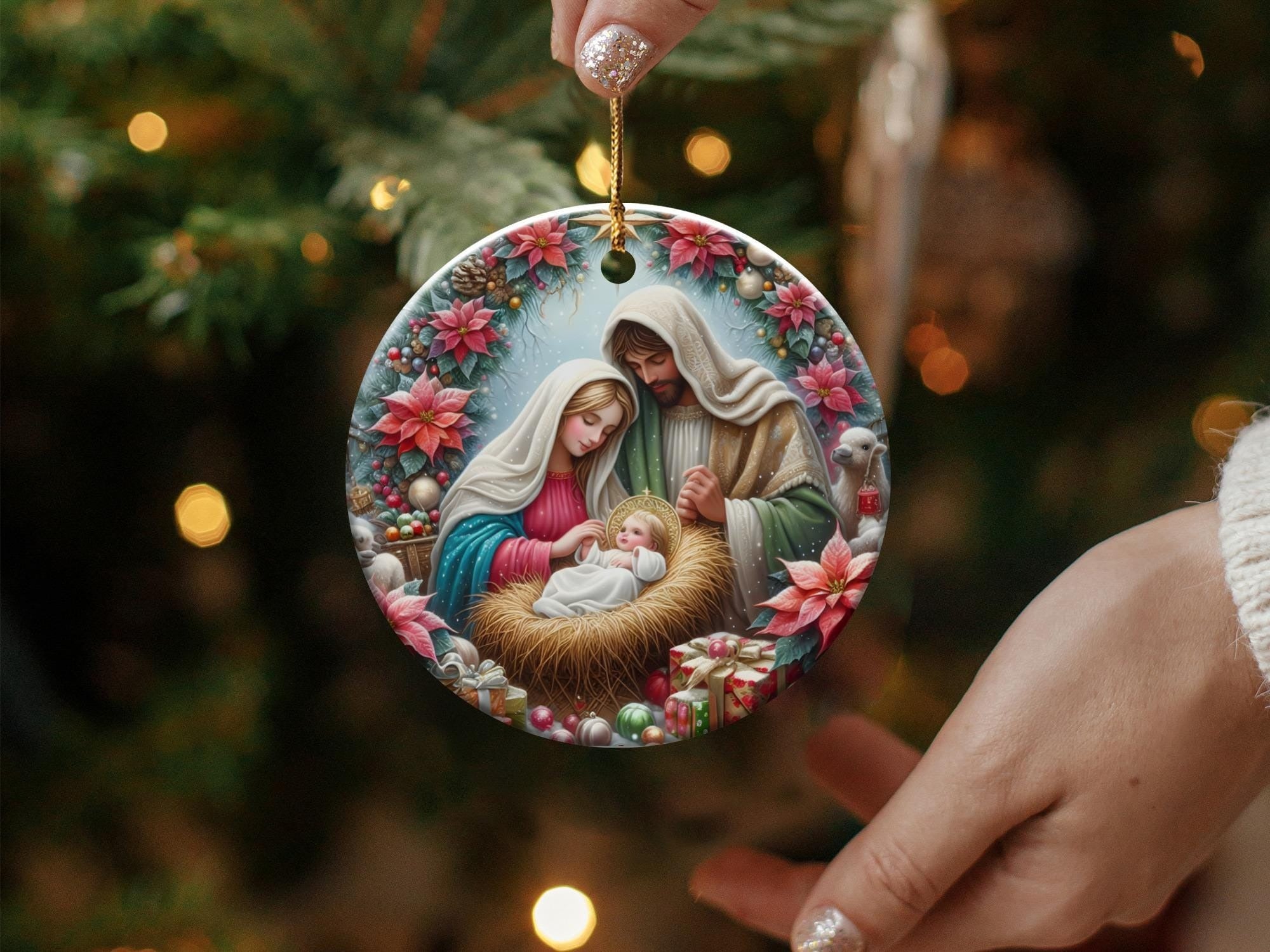 Nativity Scene Christmas Ornament, Holy Family Ornament, Ideas For Christmas Trees, Religious Gift, Baby Jesus Ornament, Poinsettia Ornament DCLAF03